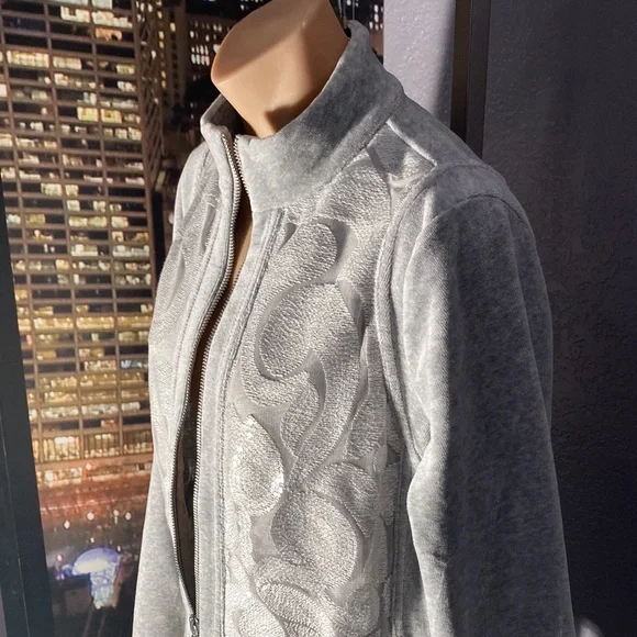CHICO’S - NWT - grey velour oversized jacket, front sequins, zipper, pockets - 0